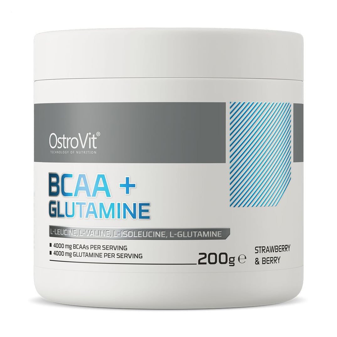 Амінокислоти BCAA + L-Глютамін OstroVit BCAA + Glutamine зі смаком полуниці, в порошку, 200 г